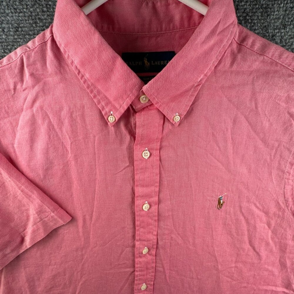 Ralph Lauren Chambray Oxford Button Up Shirt Men Short Sleeve Cotton Slim XL Red